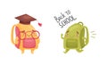 Cartoon Schoolbags or School Rucksack Wearing Graduation Hat and Running Vector Set