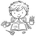 Cartoon schoolboy making his homework at the desk. Black and white vector illustration. Coloring book page for little kids