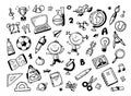 Schoolkids with lots of school things. Outline clipart collection