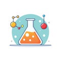 Cartoon science flask with molecules and atomic structure illustration Royalty Free Stock Photo