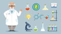 Cartoon scientist. Elements of chemical laboratory, equipment, microscope and beakers. Joyful chemist vector Royalty Free Stock Photo