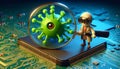 Cartoon Scientist Examining Computer Virus Illustration