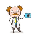 Cartoon Scientist Showing New Modern Camera Vector