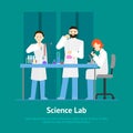 Cartoon Scientists Working at Lab Concept Card. Vector
