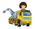 Cartoon scne with happy and funny child - girl in tow truck on white background Royalty Free Stock Photo