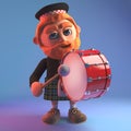 Cartoon Scotsman in tartan kilt playing a marching drum, 3d illustration