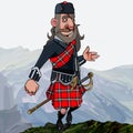 Cartoon scottish highlander in smart clothes in a kilt and sword stands high in the mountains