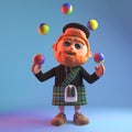 Cartoon Scottish man character in tartan kilt juggling coloured balls 3d illustration