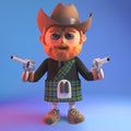 Cartoon Scottish man in kilt wearing a cowboy stetson hat and holding two guns, 3d illustration