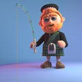 Cartoon Scottish man with red beard and kilt fishing with his fishing rod, 3d illustration