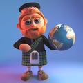 Cartoon Scottish man with red beard and kilt holding a globe of the Earth, 3d illustration