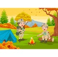 Cartoon scout with tent and camp fire