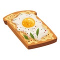 Cartoon scrambled egg on slices of fried bread with seasonings. Healthy organic diet food. Best breakfast. Fast food