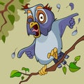 Cartoon screaming owl winks and points wing to the side while sitting on a branch