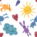 Cartoon scribble animals seamless bears and rabbit and fox and sun and clouds pattern for wrapping paper and kids Royalty Free Stock Photo