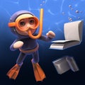 Cartoon scuba diver with snorkel watches books sink in the sea, 3d illustration