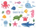 Cartoon sea animals. Cute ocean fish, octopus, shark and turtle, jellyfish, crab and seal, fishes Underwater wildlife Royalty Free Stock Photo