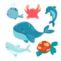 Cartoon sea animals. Cute ocean fish, shark and turtle, jellyfish, crab and seal. Underwater wildlife creatures vector Royalty Free Stock Photo