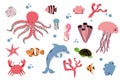 Cartoon sea animals. Cute ocean fish, octopus, and turtle, jellyfish, crab and seal. Underwater wildlife creatures Royalty Free Stock Photo