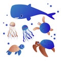 Cartoon sea animals. Cute Whale, turtles and jellyfish. Underwater wildlife creatures vector illustration set. Royalty Free Stock Photo