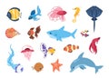 Cartoon sea animals. Funny tropic underwater creatures, exotic aquarium fish set. Marine stingray or seahorse, cute