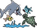 Cartoon sea animals playing in water vector