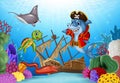 Cartoon sea animals with Shipwreck on the ocean Royalty Free Stock Photo