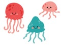 Cartoon sea animals. Tropical ocean animals, funny and cute jellyfish. Royalty Free Stock Photo