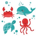 Cartoon sea animals. Tropical ocean animals, funny turtle, whale, crab and octopus. Royalty Free Stock Photo