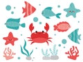 Cartoon sea animals. Tropical sea animals, funny crab, fish, starfish, corals, algae.