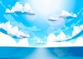 Cartoon sea and blue sky. Ocean with white curly clouds and sunrays, summer sea peaceful background, blue sea nature Royalty Free Stock Photo