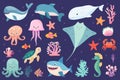 Cartoon sea cute animals. Underwater wildlife creatures vector illustration set Royalty Free Stock Photo