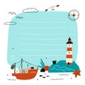 Cartoon sea elements frame illustration. Summertime beach card. Aquatic coastal objects. Seagull and starfish Royalty Free Stock Photo