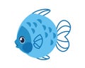 Cartoon sea fish with big eyes. Cute aquatic tropical animal. Undersea creature with fins and blue scales. Aquarium swimming funny