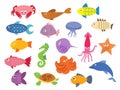 Cartoon sea fish. Cute animal kids in ocean or aquarium. Summer marine wildlife. Dolphin and stingray. Colorful octopus