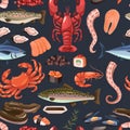 Cartoon sea food seamless pattern. Fresh restaurant delicacies, restaurant menu product fish, caviar, shrimp and lobster