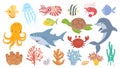 Cartoon sea life. Cute sea fish, aquatic corals, jellyfish and octopus. Funny shark and dolphin. Ocean crab, sea turtle Royalty Free Stock Photo