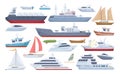 Cartoon sea ships, boats, yacht and cargo ship. Fishing boats, travel cruise and speed boat, water transportation flat vector Royalty Free Stock Photo