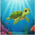 A cartoon sea turtle with a green, patterned shell swims through Royalty Free Stock Photo