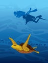 Turtle, scuba divers and underwater sea Royalty Free Stock Photo