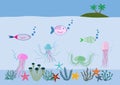 Cartoon Sea Underwater Nature Scene Color Background Web Flat Design with Fish, Seaweed, jellyfish, seastars and Sand Royalty Free Stock Photo