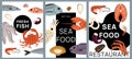 Cartoon seafood cards. Marine products banners. Fresh restaurant delicacies. Tasty fish and oyster. Natural ocean squid