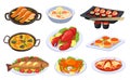 Cartoon seafood dishes, asian food and cuisine. Sushi, lobster, salmon, shrimp soup, baked fish. Delicious festive Royalty Free Stock Photo