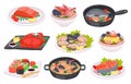 Cartoon seafood dishes with fish, octopus, shrimps and salmon steak. Sushi, crab, salad, soup and noodles with sea food on plate,