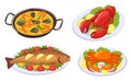 Cartoon seafood dishes. Lobster, crab, baked fish and paella with shrimps, mussels. Delicious food for restaurant Royalty Free Stock Photo