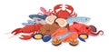 Cartoon seafood pile. Lobster, octopus, tuna, salmon fish, shrimp and oysters heap, seafood market flat vector background