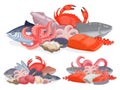 Cartoon seafood products design for menu, shop poster or package. Pile with ocean fish, lobster, oysters and crab. Marine food