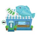 Cartoon seafood shop. A small cute fish market. Business illustration.
