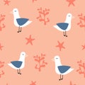 Cute cartoon seagull, red coral, starfish seamless vector pattern background illustration Royalty Free Stock Photo
