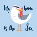 Cartoon seagull-sailor illustration with hand drawn lettering.